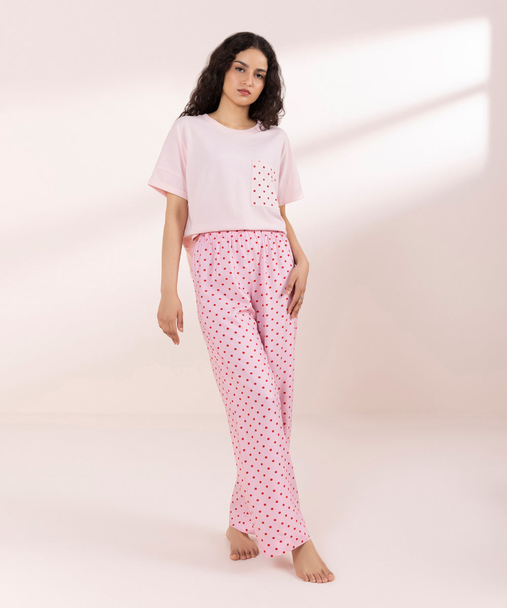 Womens Pink Sleepwear Printed Woven Pyjama