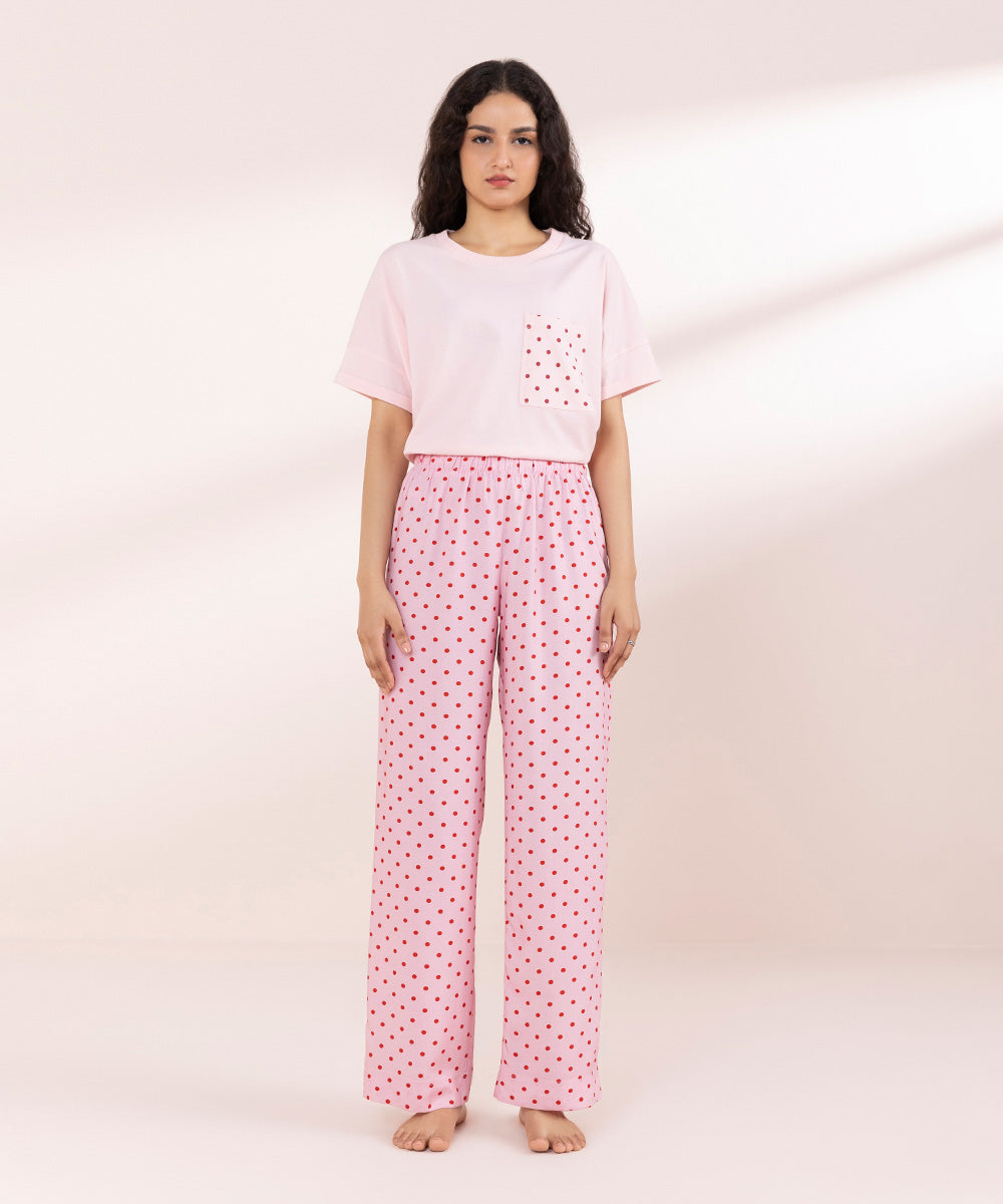 Womens Pink Sleepwear Printed Woven Pyjama