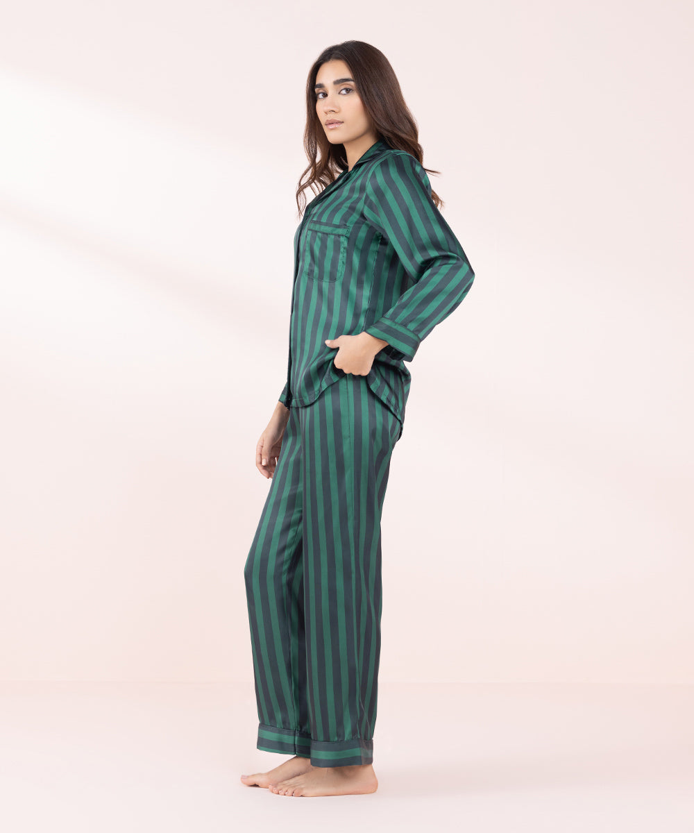 Women's Sleepwear Green Striped Silky Pj Set