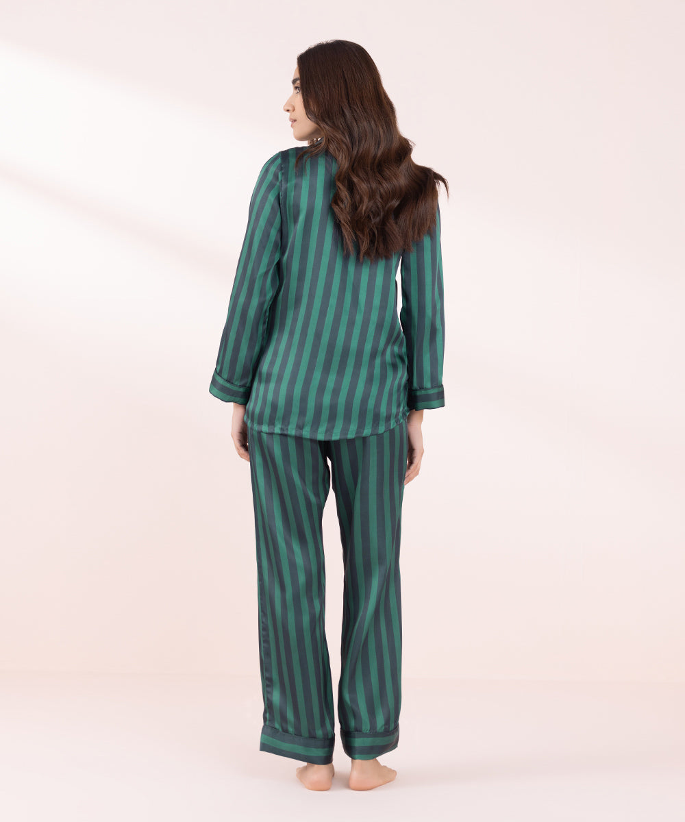 Women's Sleepwear Green Striped Silky Pj Set