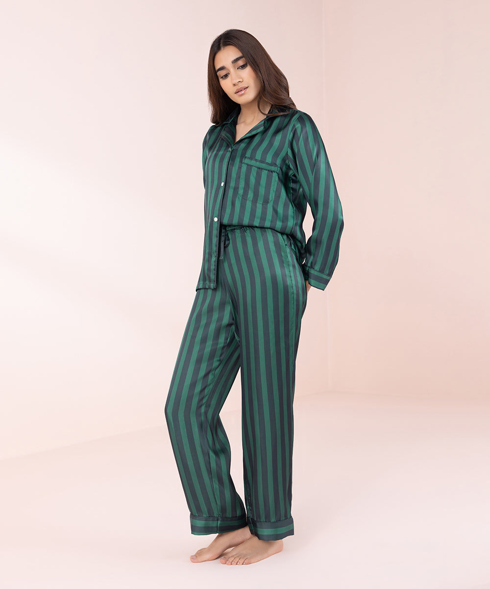 Women's Sleepwear Green Striped Silky Pj Set