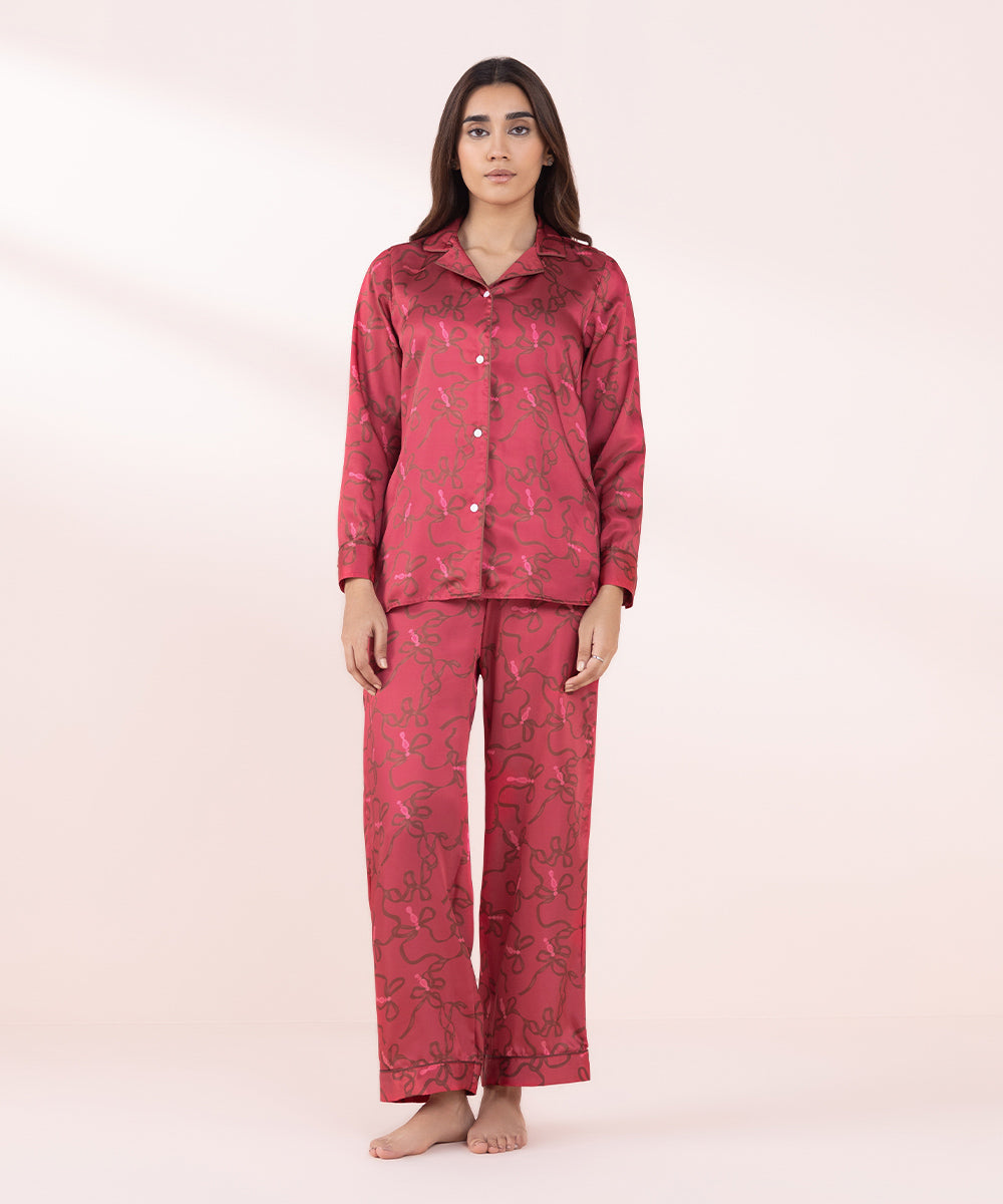 Women's Sleepwear Red Printed Silky Pj Set