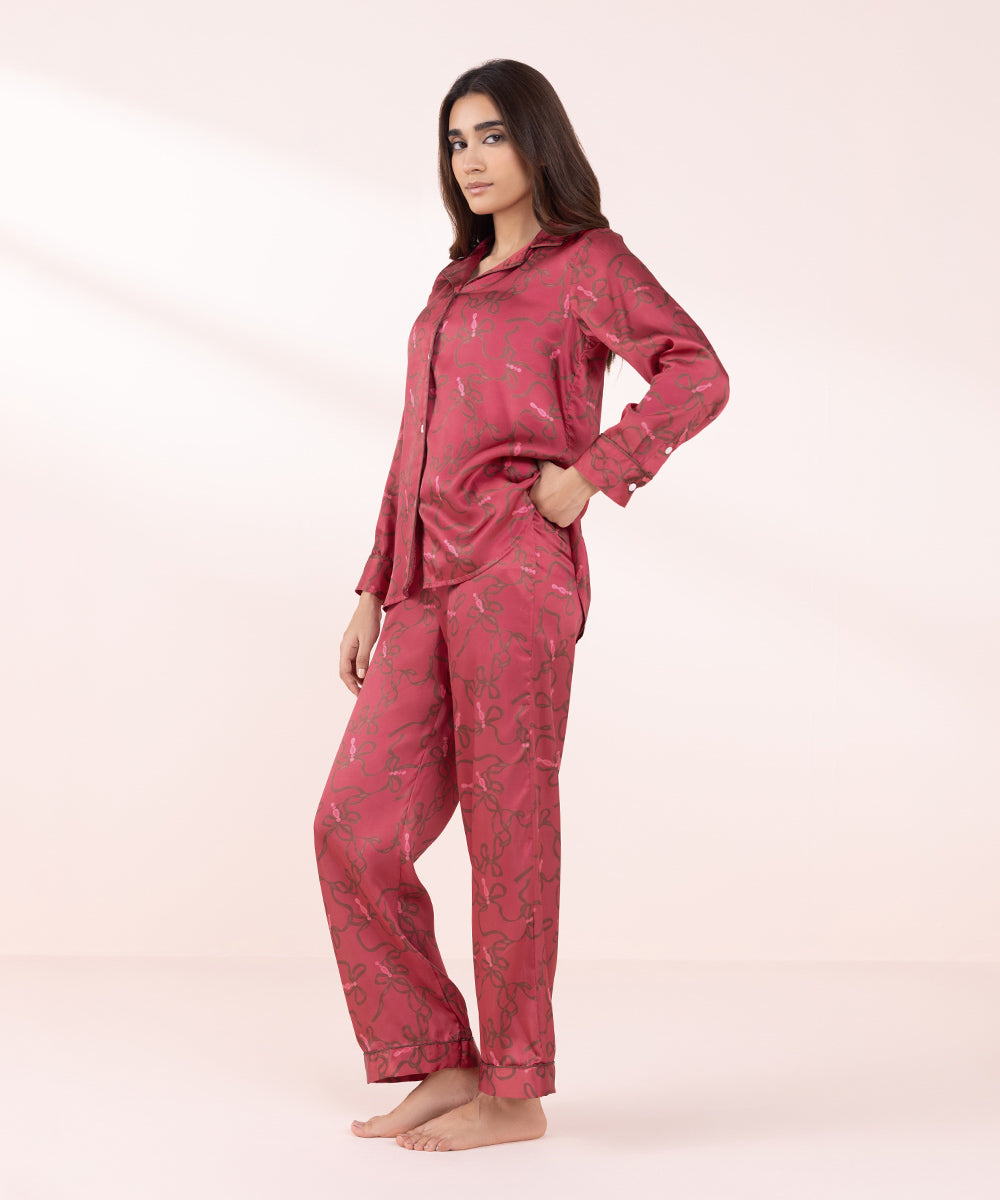 Women's Sleepwear Red Printed Silky Pj Set