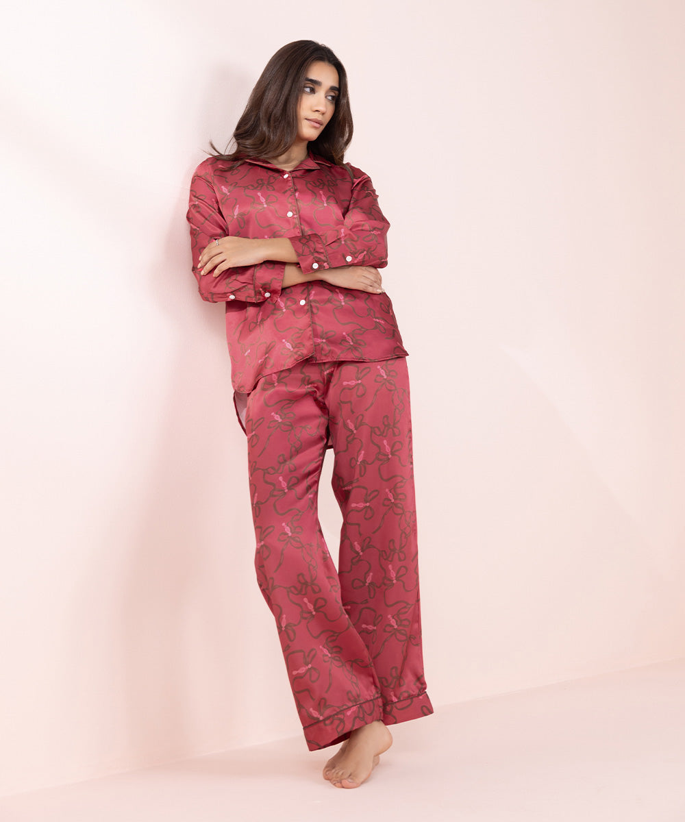 Women's Sleepwear Red Printed Silky Pj Set