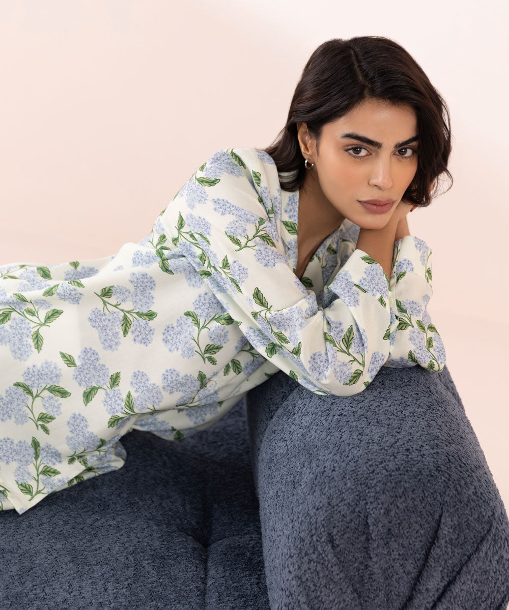 Women's Sleepwear Off-White Floral Printed Pj Set