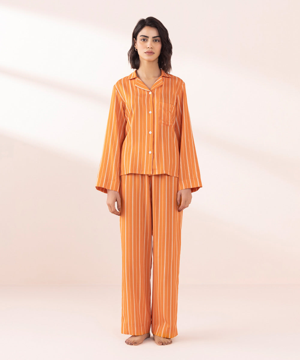 Women's Sleepwear Orange Orange Stripe Printed Pj Set