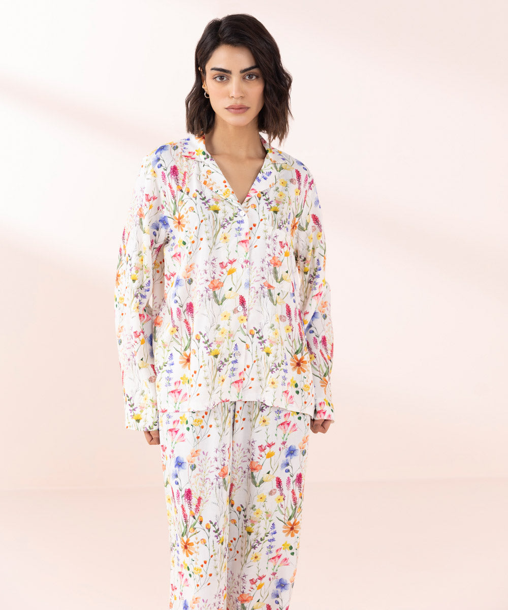 Women's Sleepwear White Floral Printed Pj Set