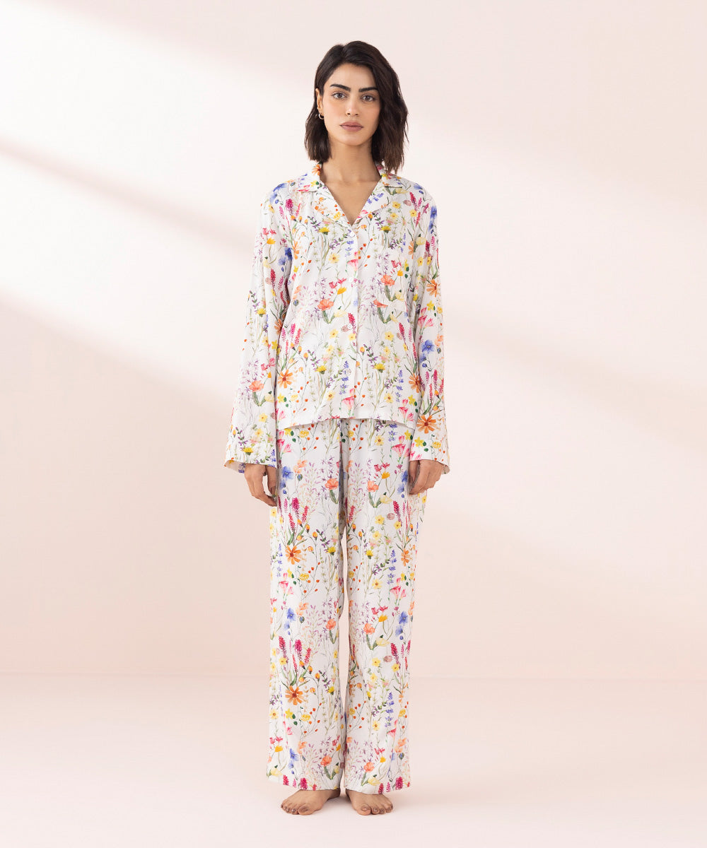 Women's Sleepwear White Floral Printed Pj Set