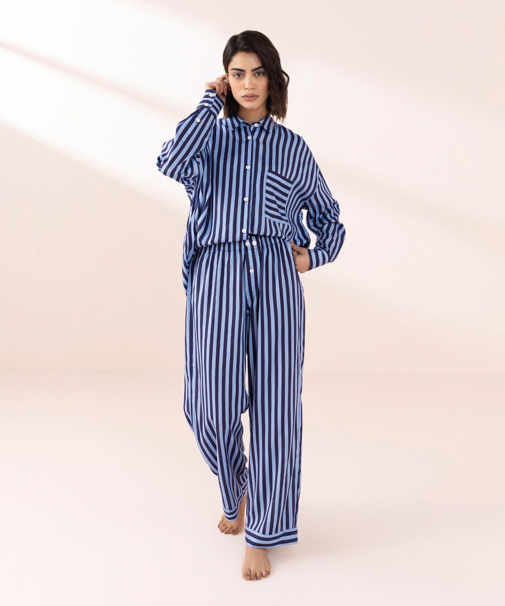 Women's Sleepwear Blue Blue Stripe Print Pj Set