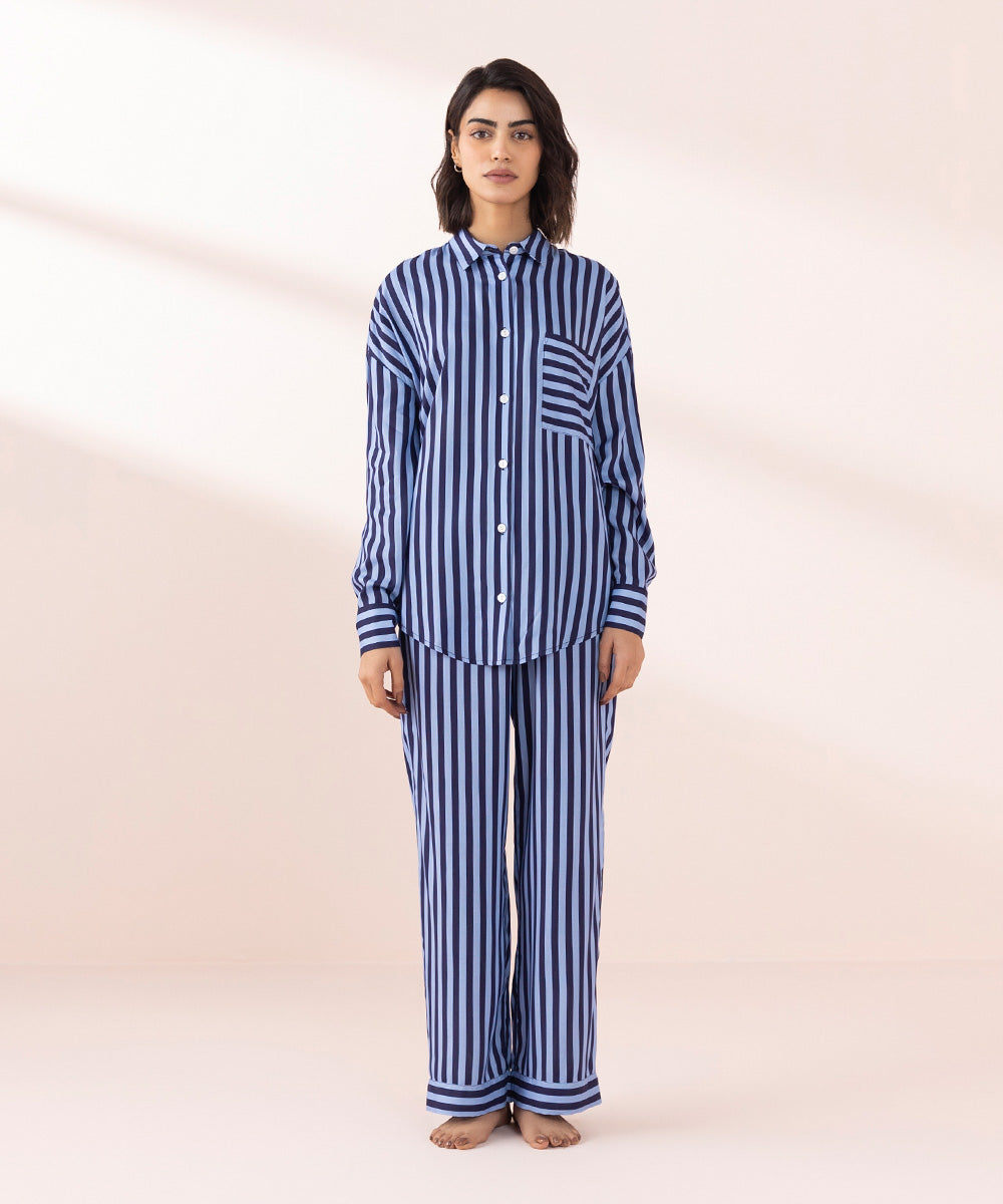 Women's Sleepwear Blue Blue Stripe Print Pj Set