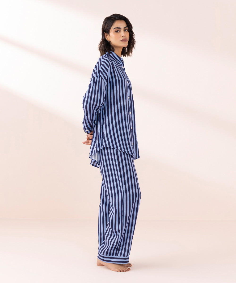 Women's Sleepwear Blue Blue Stripe Print Pj Set