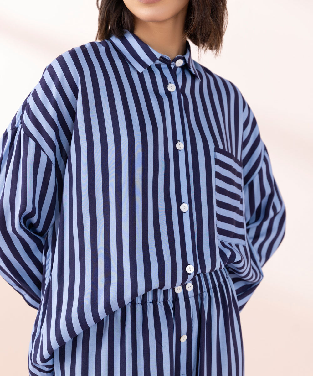 Women's Sleepwear Blue Blue Stripe Print Pj Set