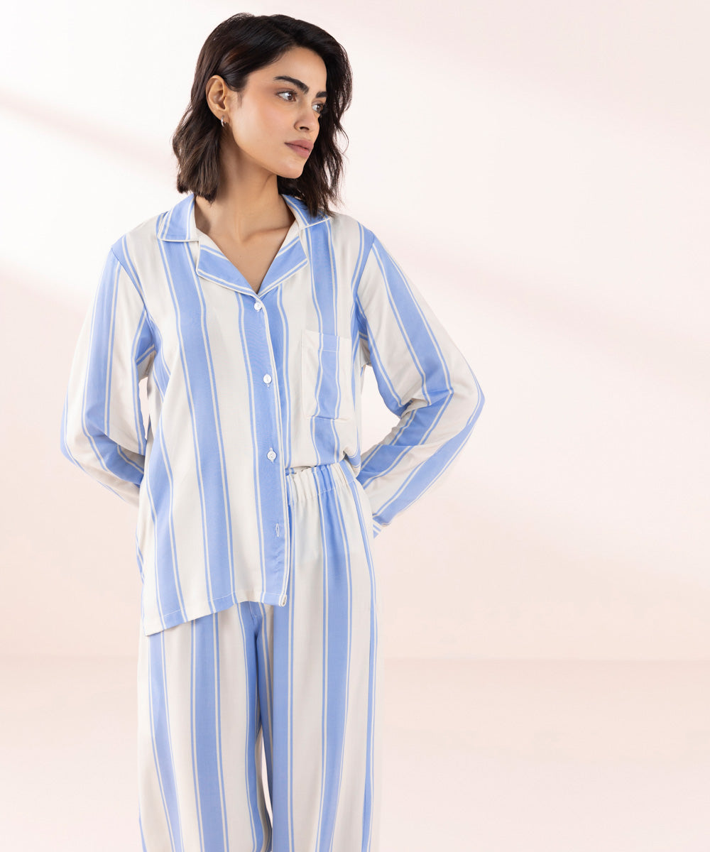 Women's Sleepwear Blue Stripe Print Viscose Pj Set