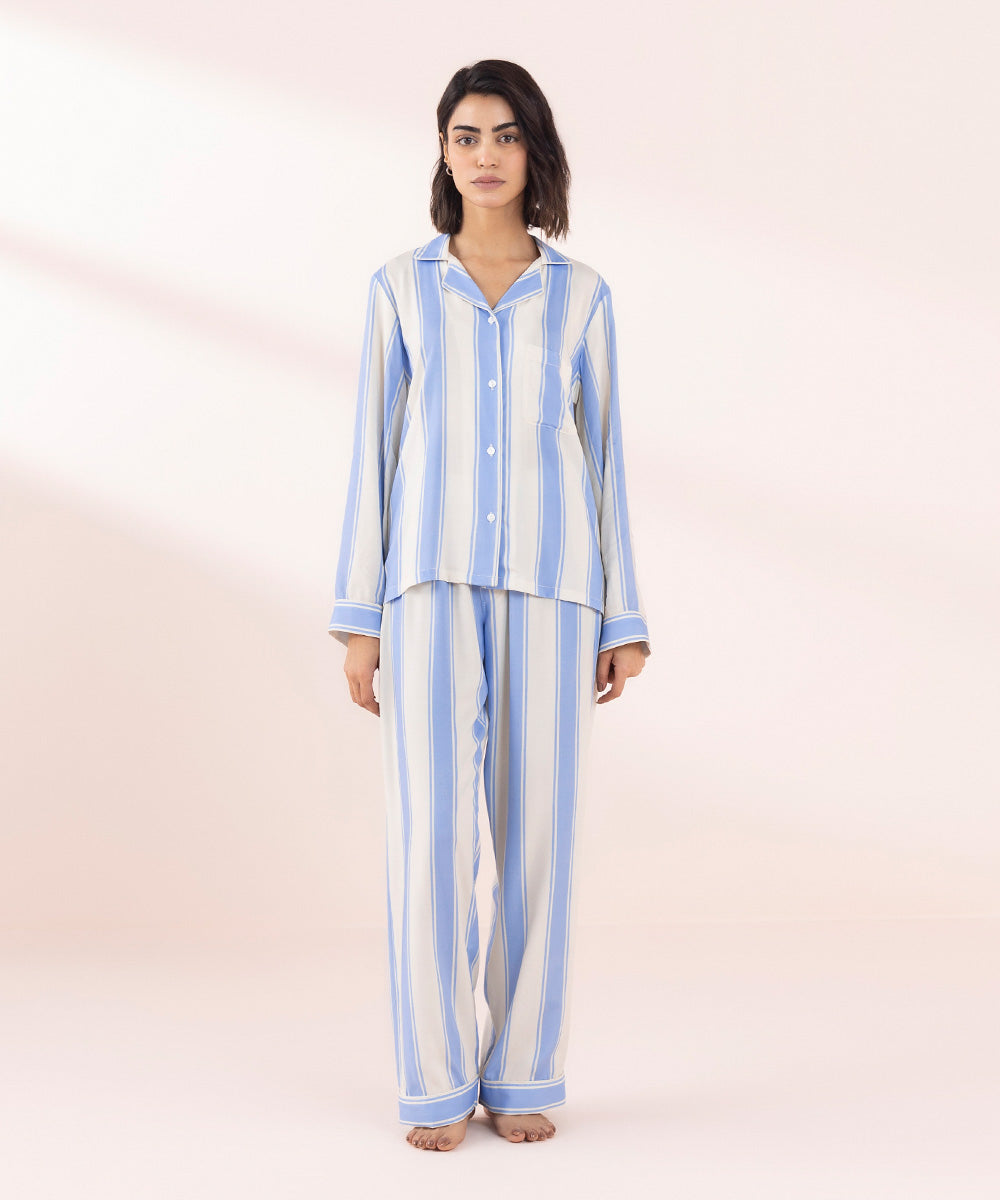 Women's Sleepwear Blue Stripe Print Viscose Pj Set