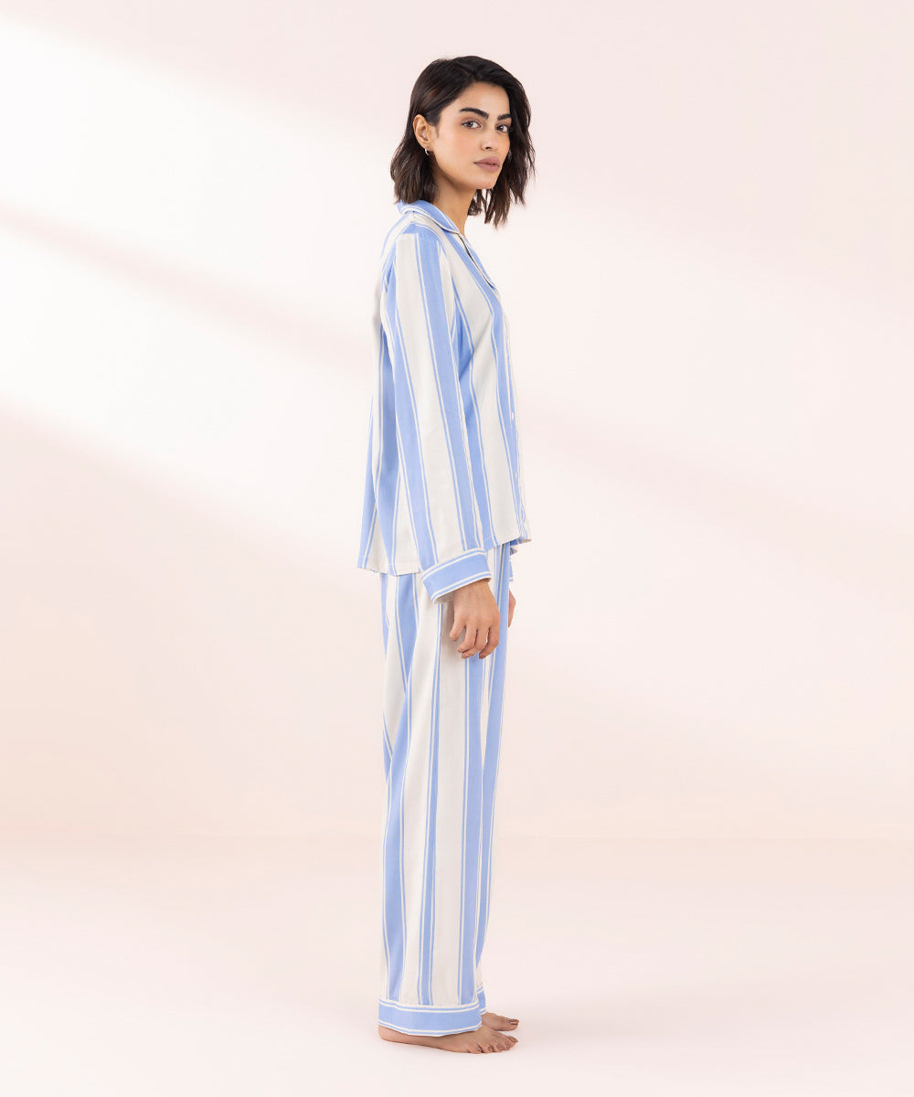 Women's Sleepwear Blue Stripe Print Viscose Pj Set