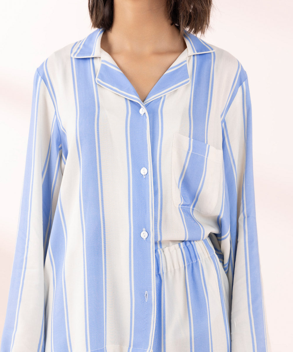 Women's Sleepwear Blue Stripe Print Viscose Pj Set