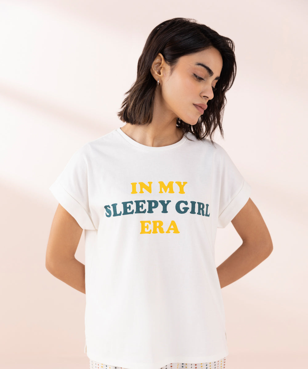 Women's Sleepwear White Graphic T-Shirt With Pajama Set