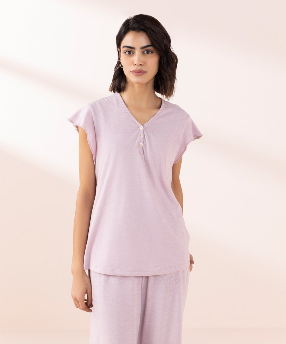 Women's Sleepwear Purple Henley T-Shirt With Pajama Set