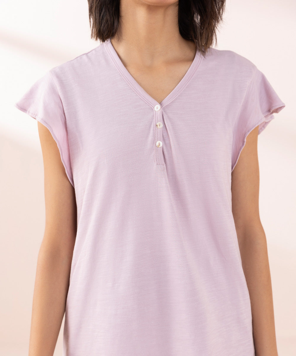 Women's Sleepwear Purple Henley T-Shirt With Pajama Set