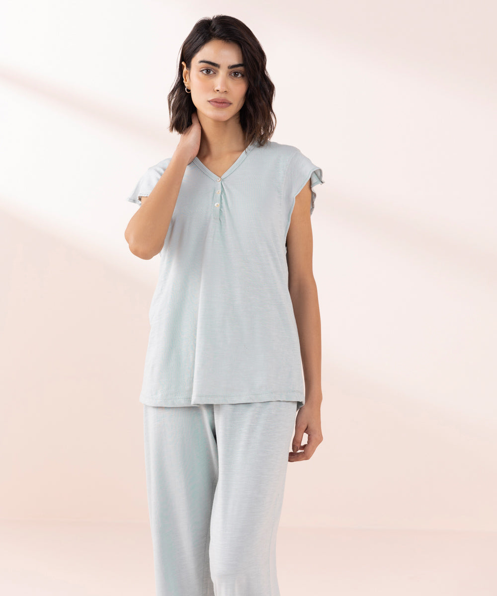 Women's Sleepwear Blue Henley T-Shirt With Pajama Set