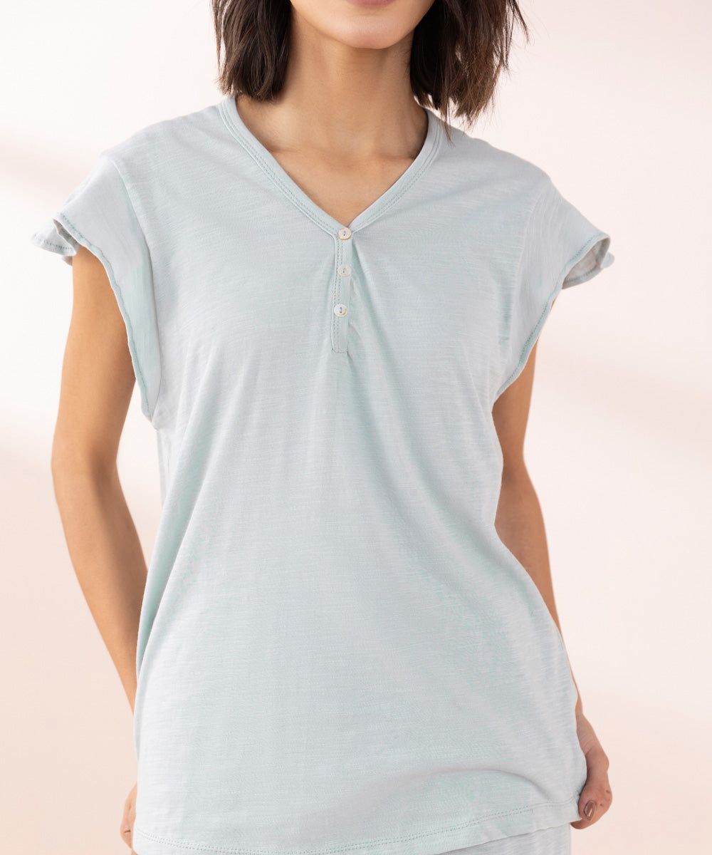 Women's Sleepwear Blue Henley T-Shirt With Pajama Set