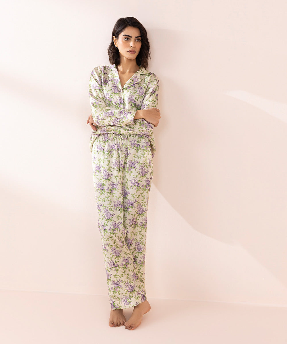 Women's Sleepwear Multi  Floral Print Satin Pj Set