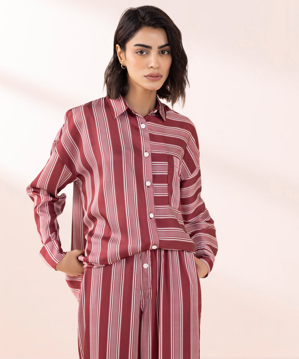 Women's Sleepwear Red Stripe Print Satin Pj Set