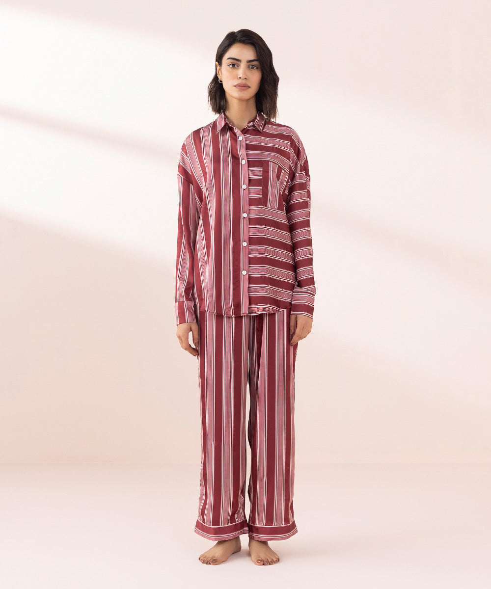 Women's Sleepwear Red Stripe Print Satin Pj Set