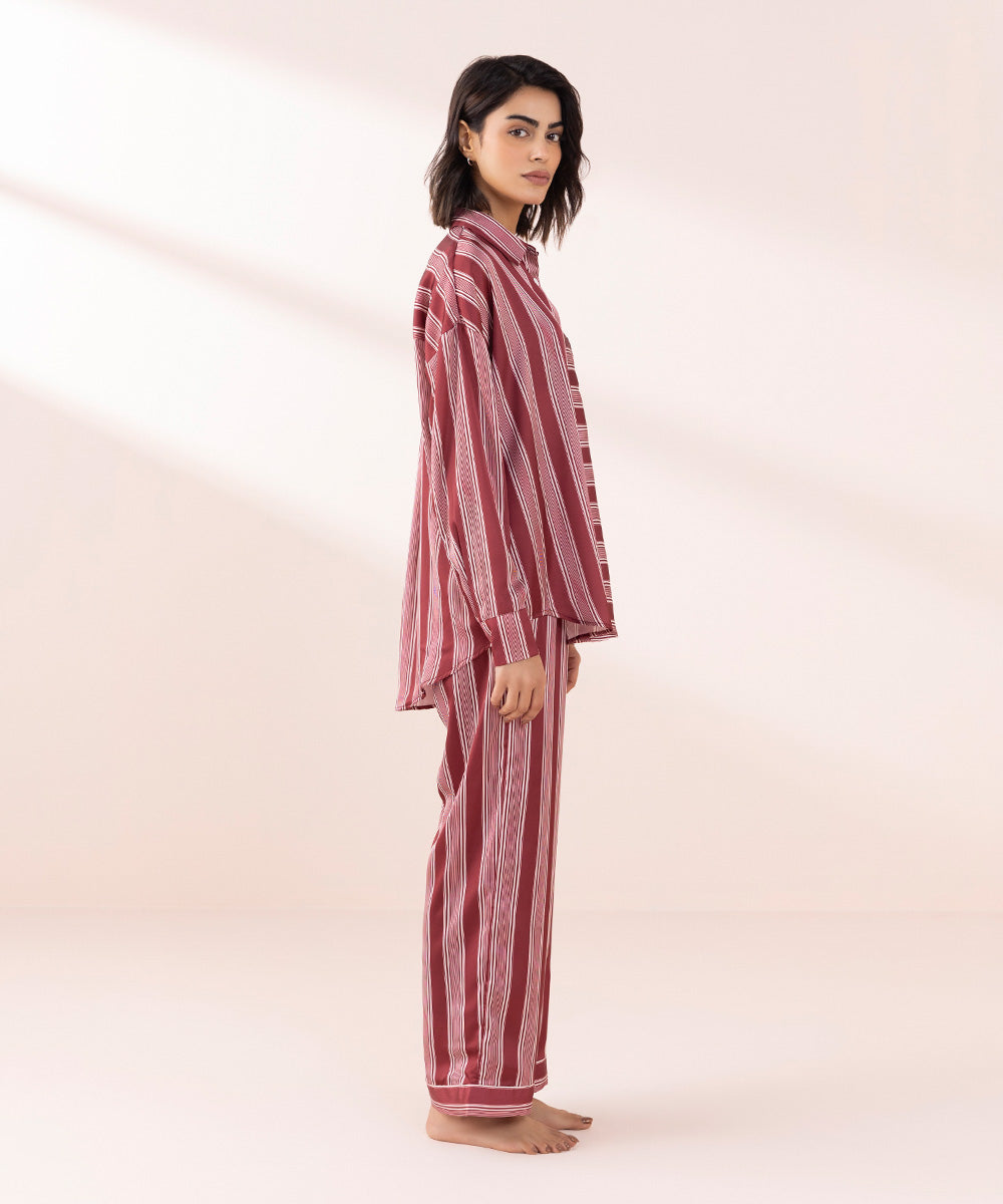 Women's Sleepwear Red Stripe Print Satin Pj Set