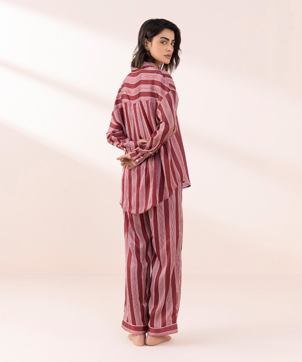 Women's Sleepwear Red Stripe Print Satin Pj Set