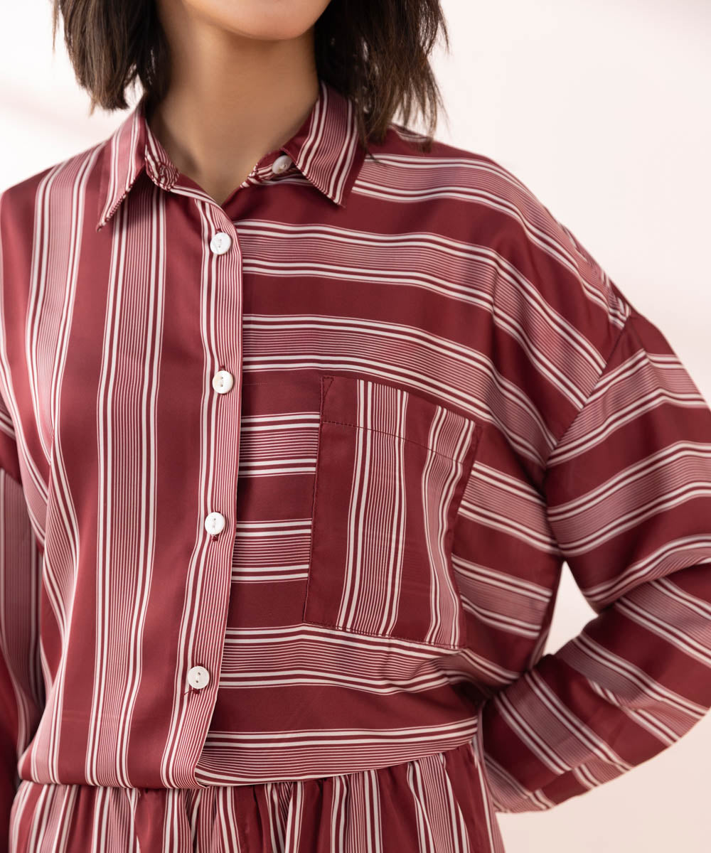 Women's Sleepwear Red Stripe Print Satin Pj Set