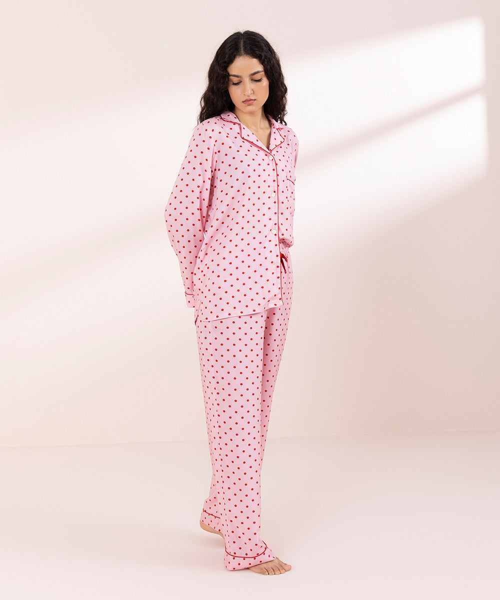 Womens Pink Sleepwear Polka Dot Woven Pj Set