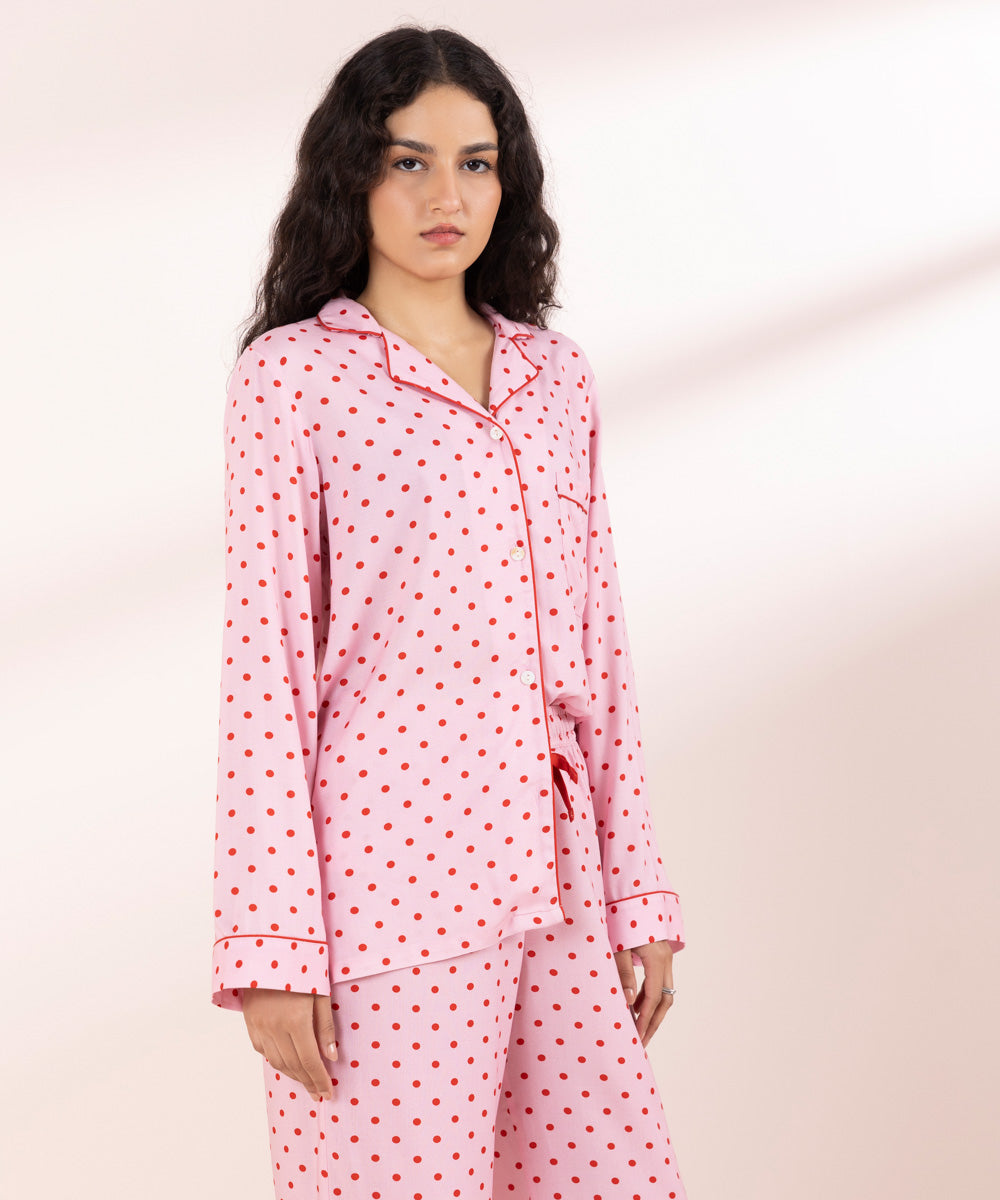 Womens Pink Sleepwear Polka Dot Woven Pj Set