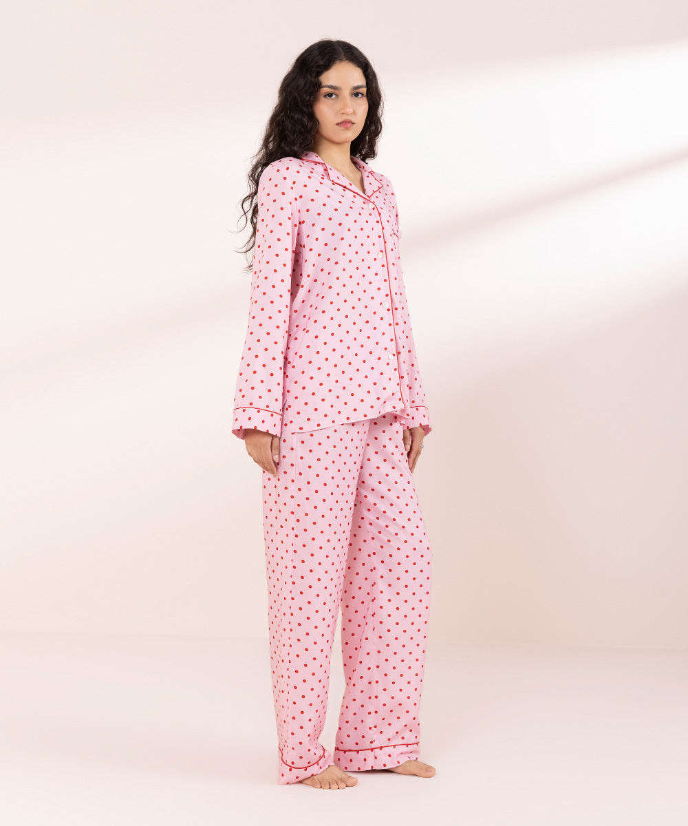 Womens Pink Sleepwear Polka Dot Woven Pj Set