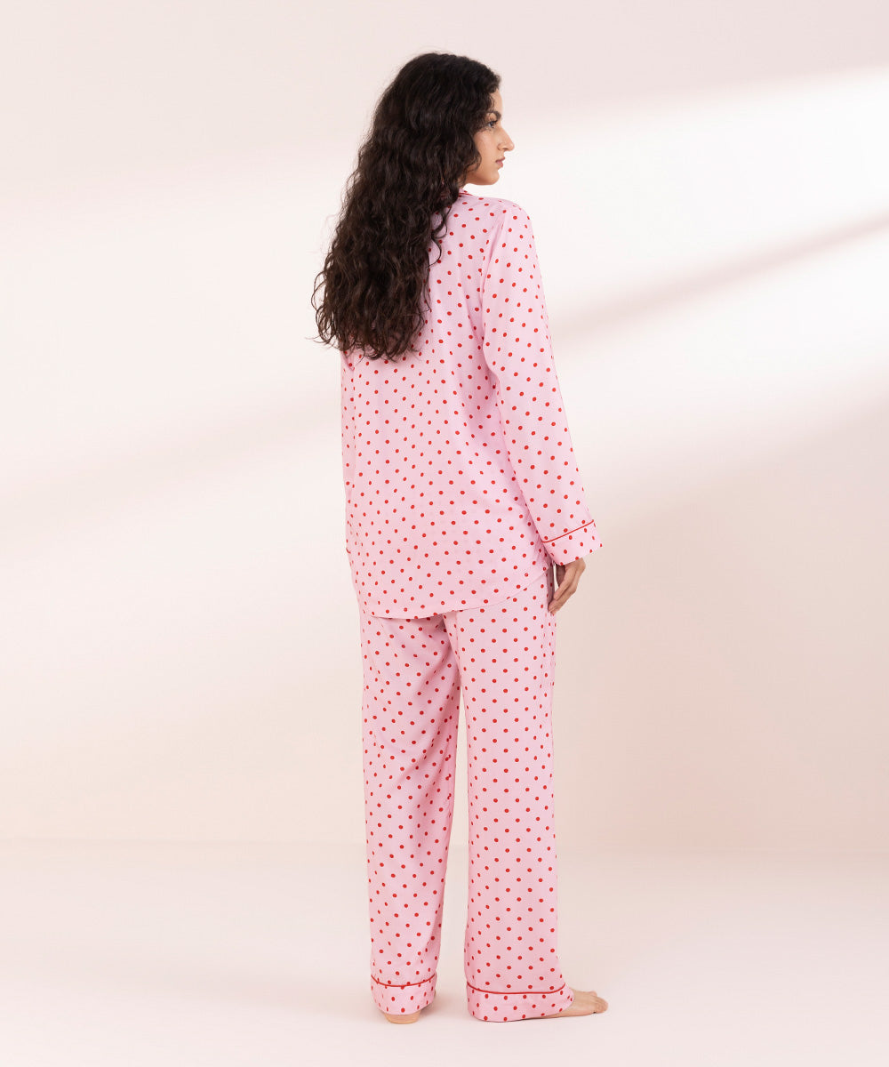 Womens Pink Sleepwear Polka Dot Woven Pj Set