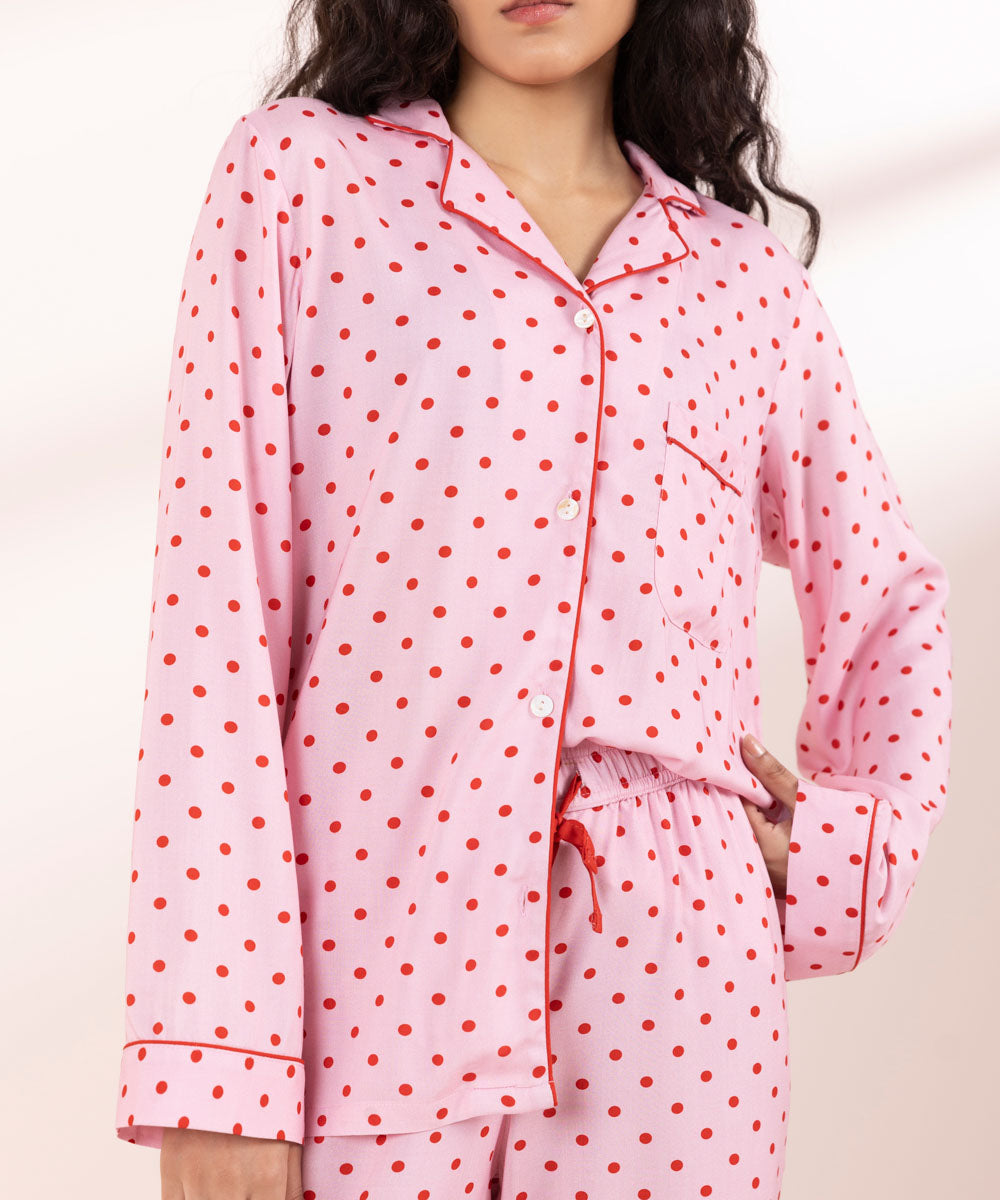 Womens Pink Sleepwear Polka Dot Woven Pj Set