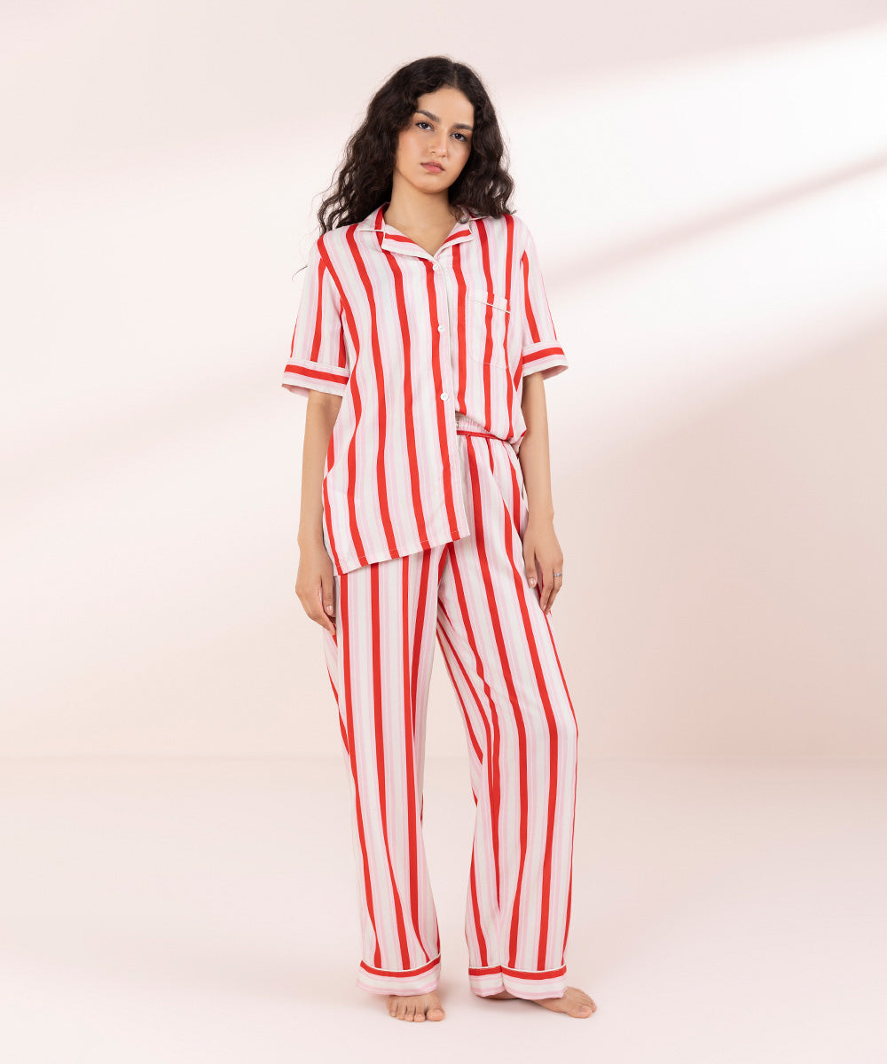 Womens Pink Sleepwear Stripe Printed Woven Pj Set