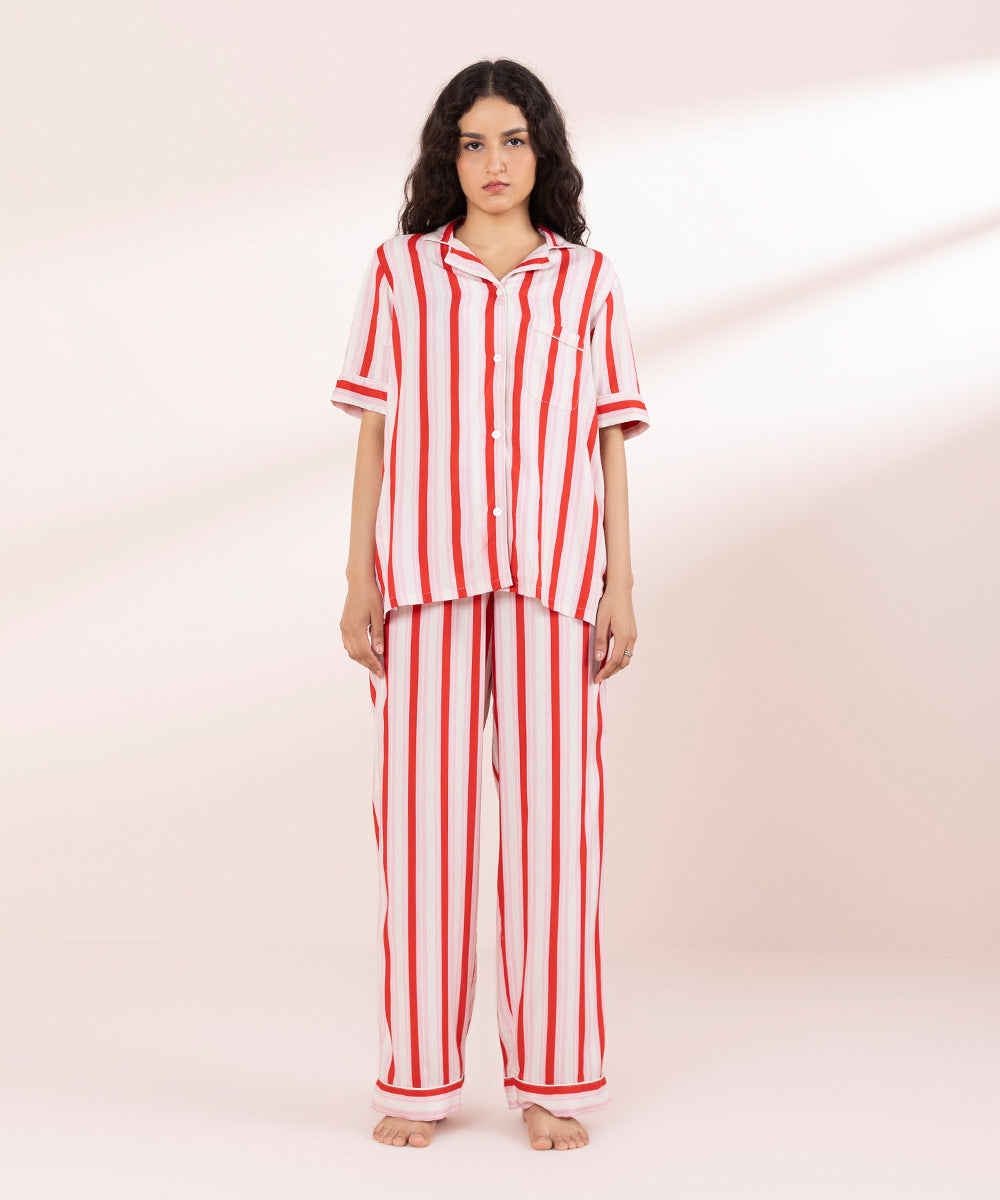 Womens Pink Sleepwear Stripe Printed Woven Pj Set