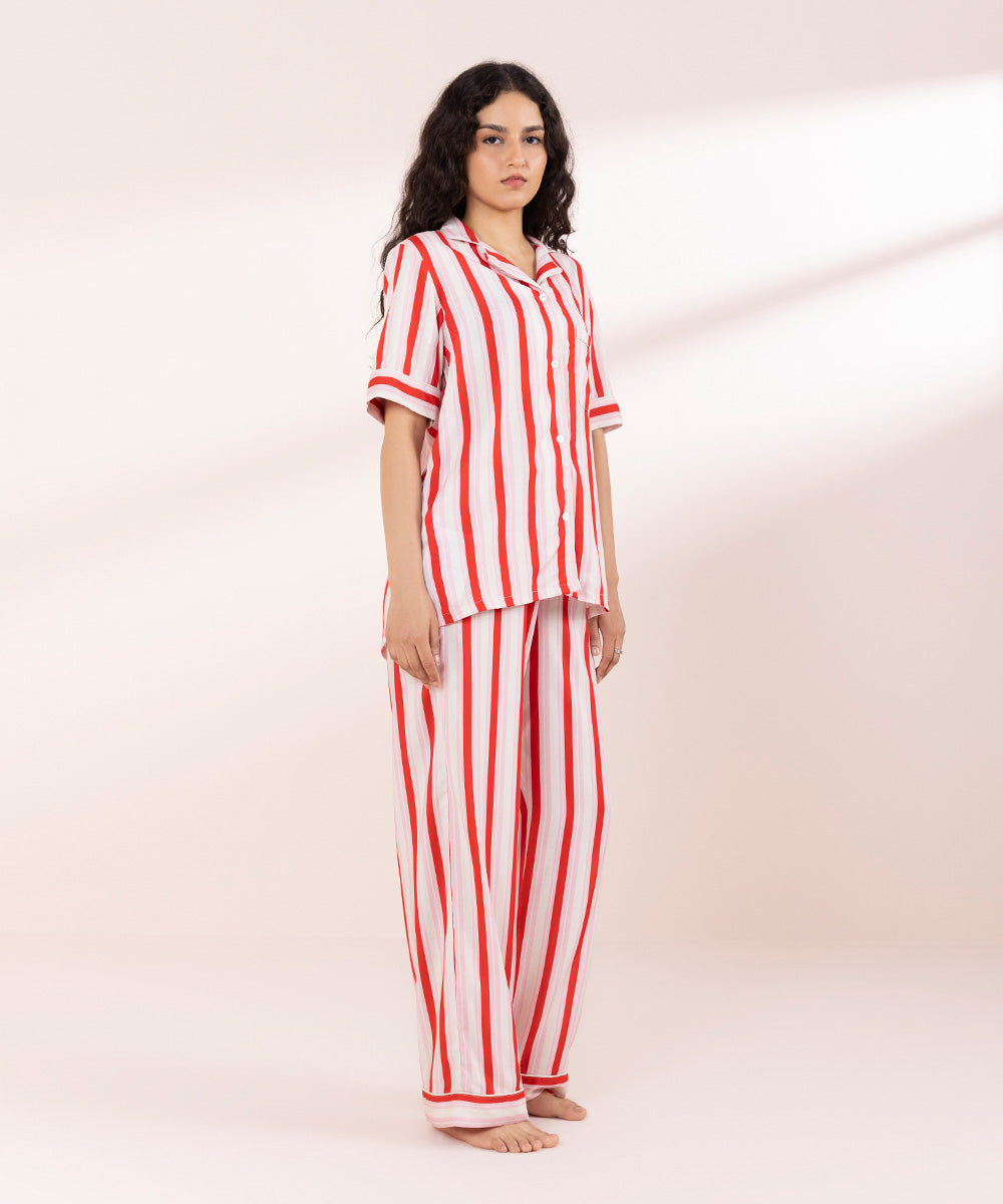 Womens Pink Sleepwear Stripe Printed Woven Pj Set