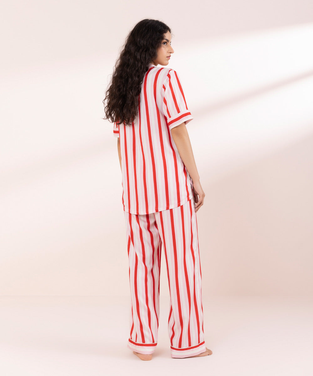 Womens Pink Sleepwear Stripe Printed Woven Pj Set