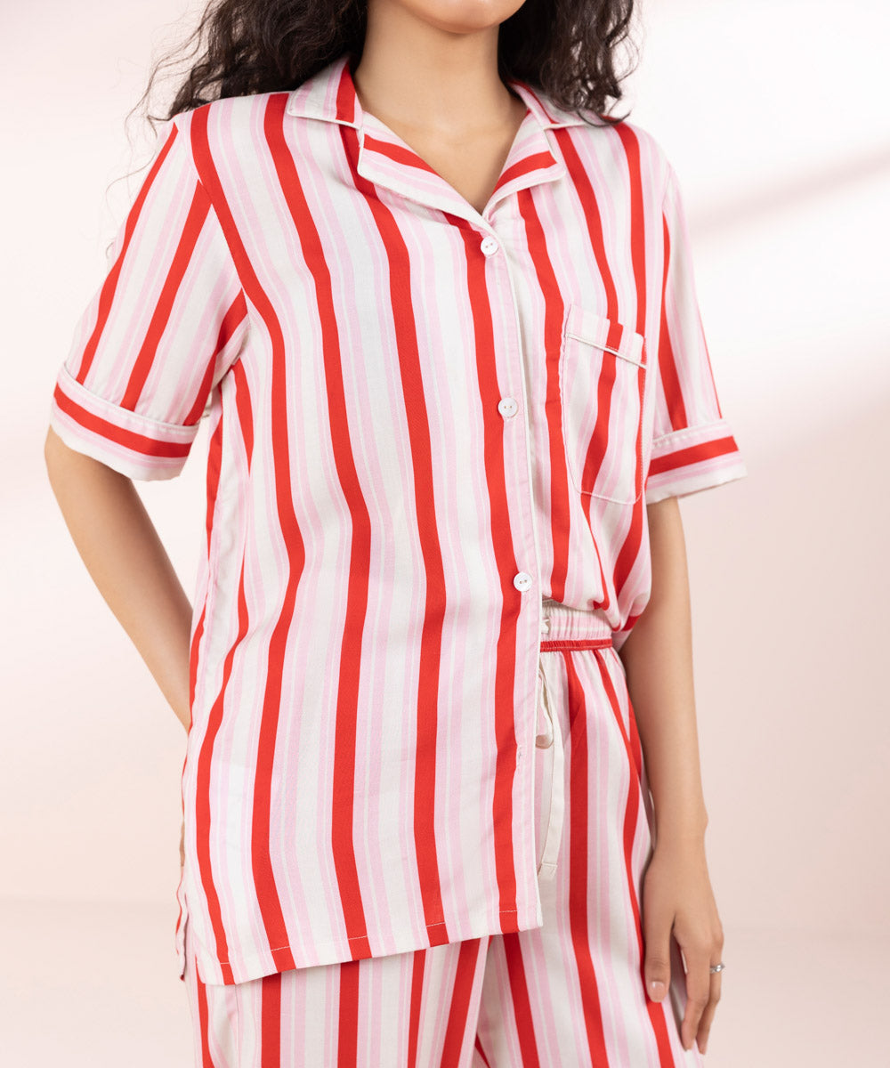 Womens Pink Sleepwear Stripe Printed Woven Pj Set