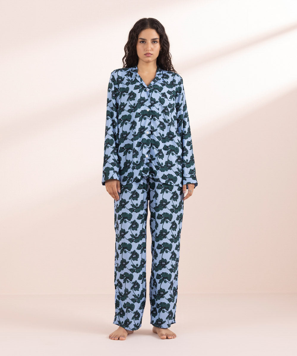 Women's Blue Floral Print Woven Pj Set