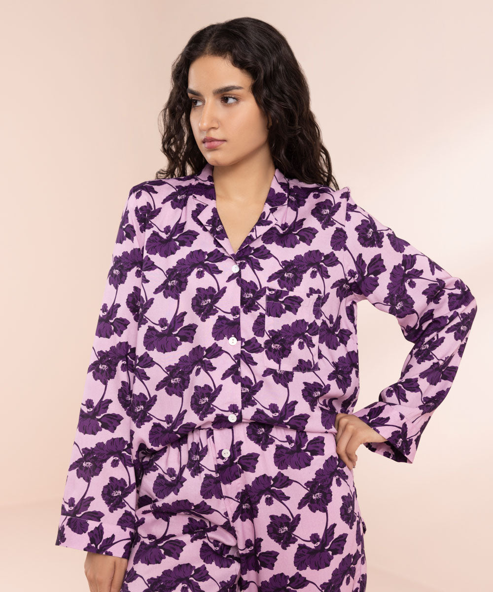 Women's Pink Floral Print Woven Pj Set