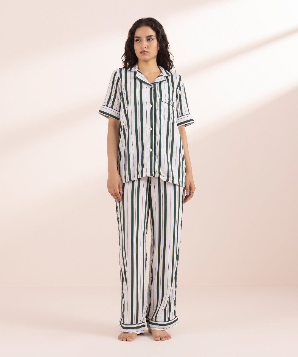 Women's White Stripe Printed Woven Pj Set