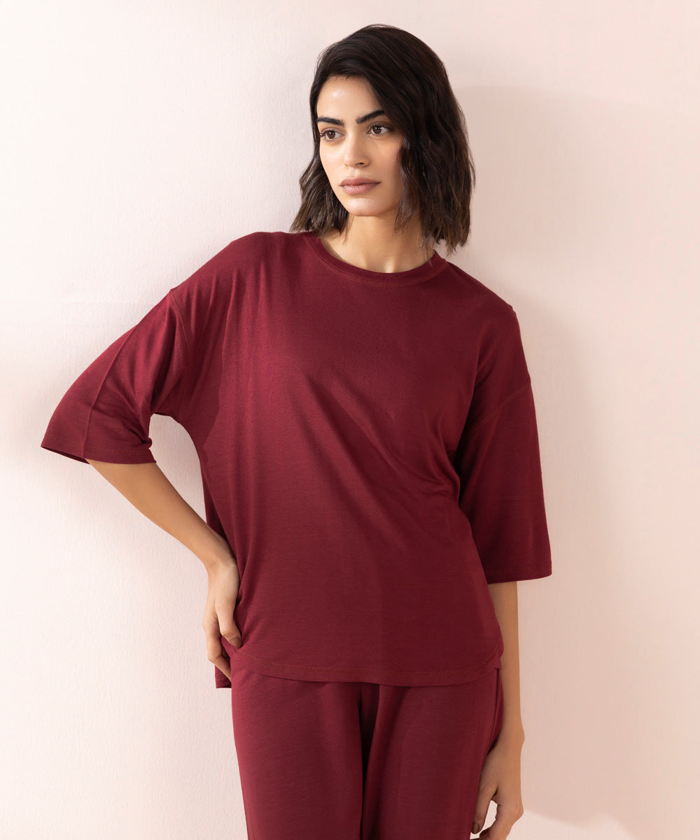 Women's Sleepwear Red Drop Shoulder T-Shirt