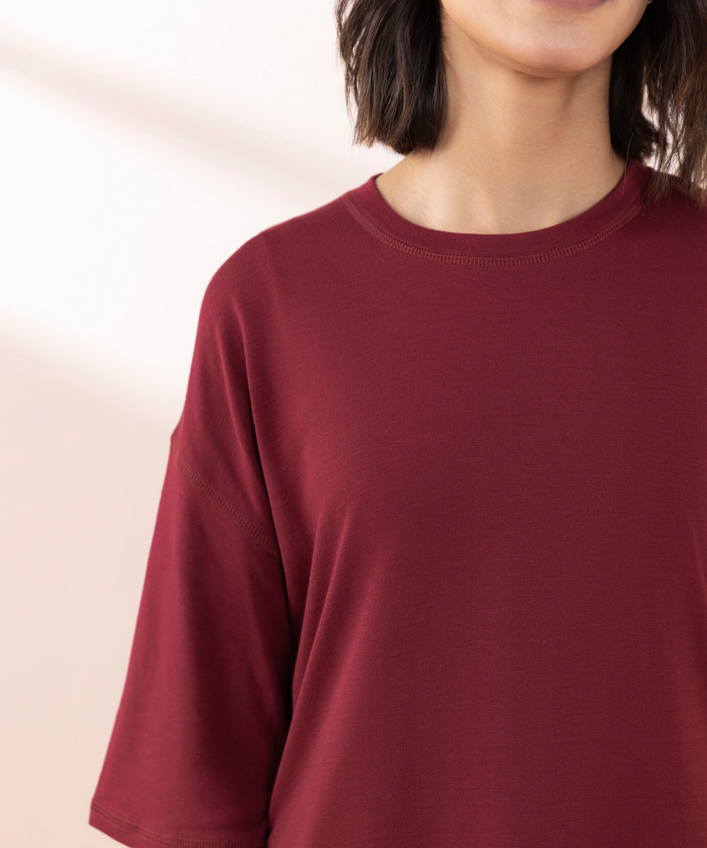 Women's Sleepwear Red Drop Shoulder T-Shirt