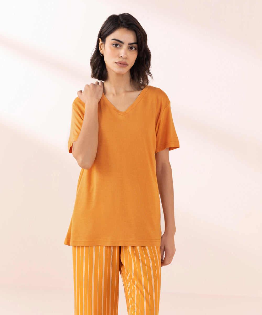 Women's Sleepwear Orange V-Neck T-Shirt