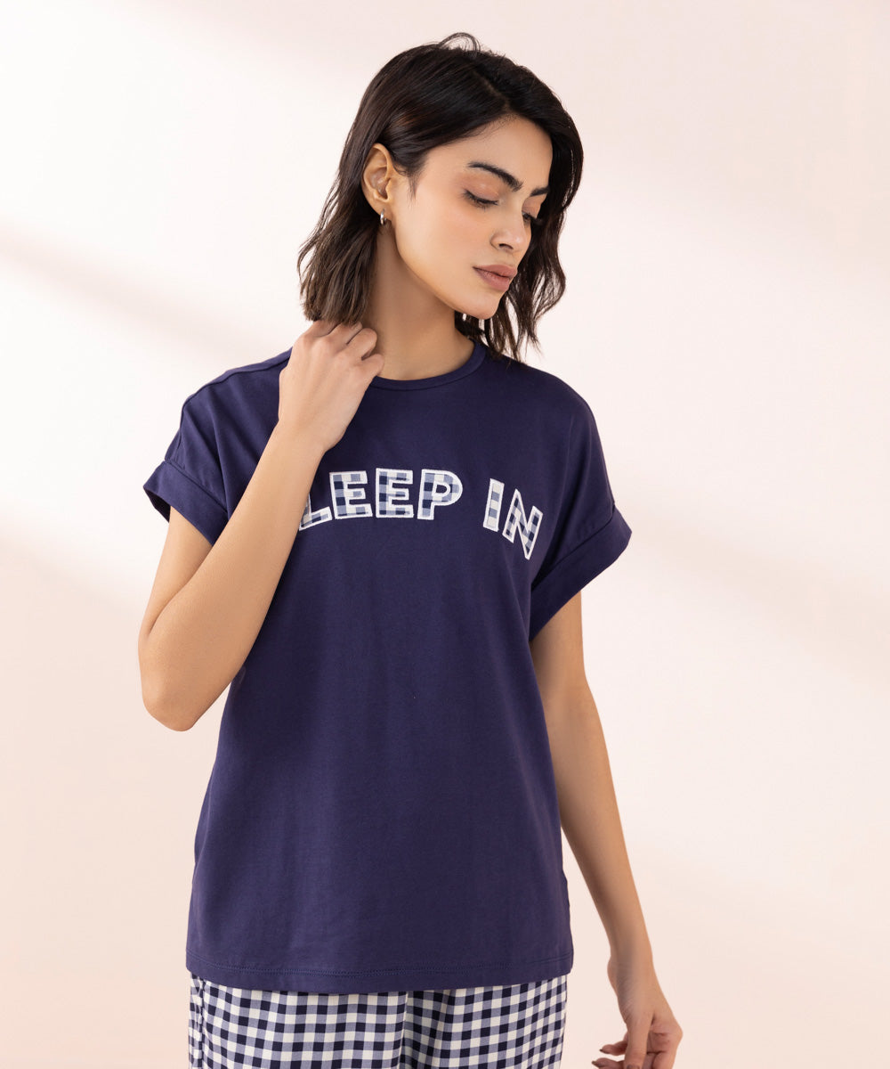 Women's Sleepwear Blue Applique Slogan T-Shirt