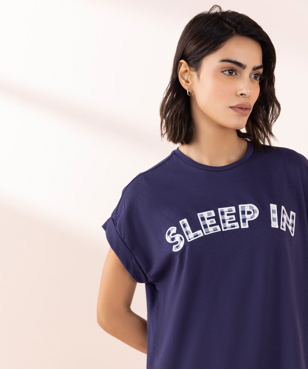 Women's Sleepwear Blue Applique Slogan T-Shirt