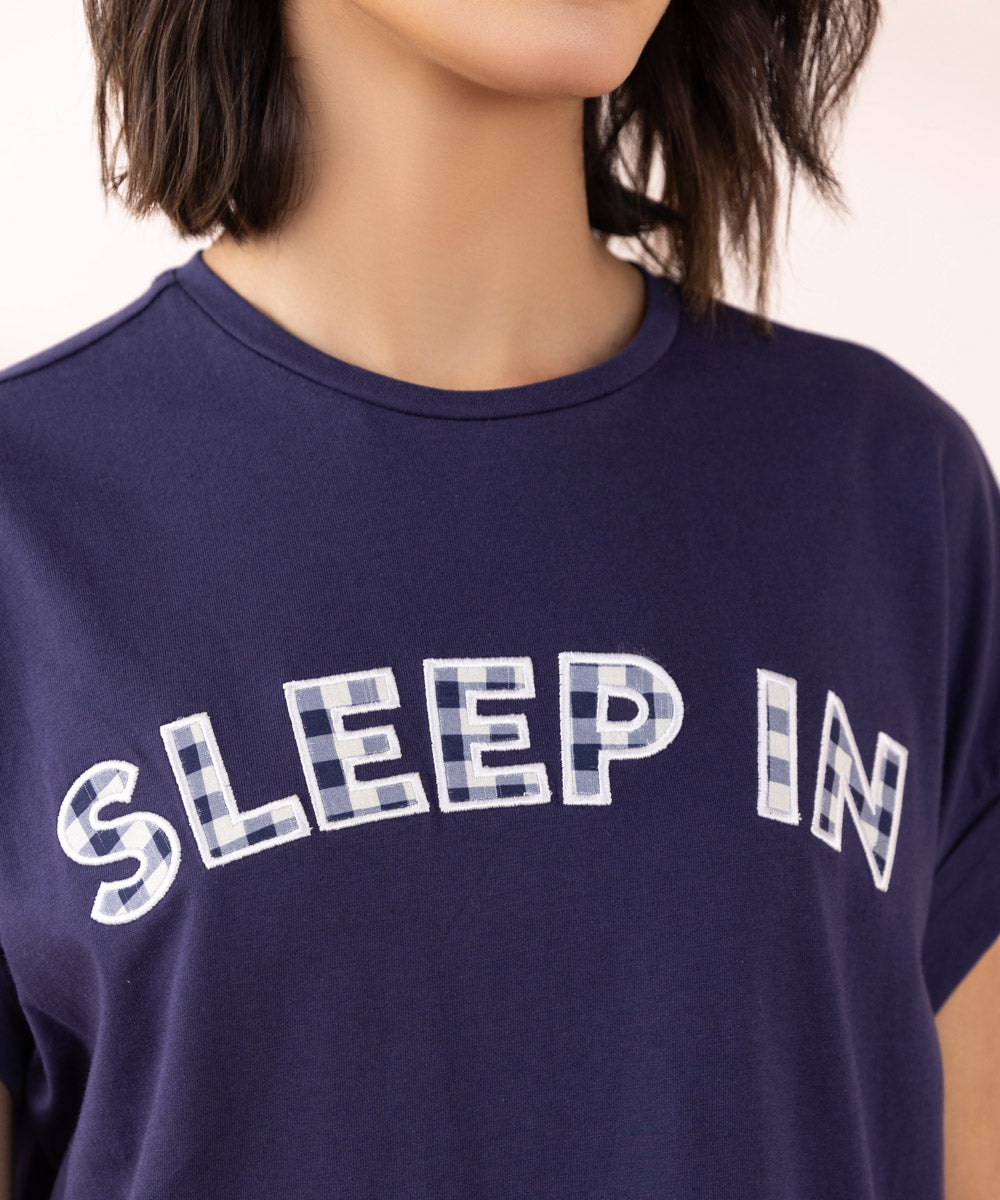 Women's Sleepwear Blue Applique Slogan T-Shirt